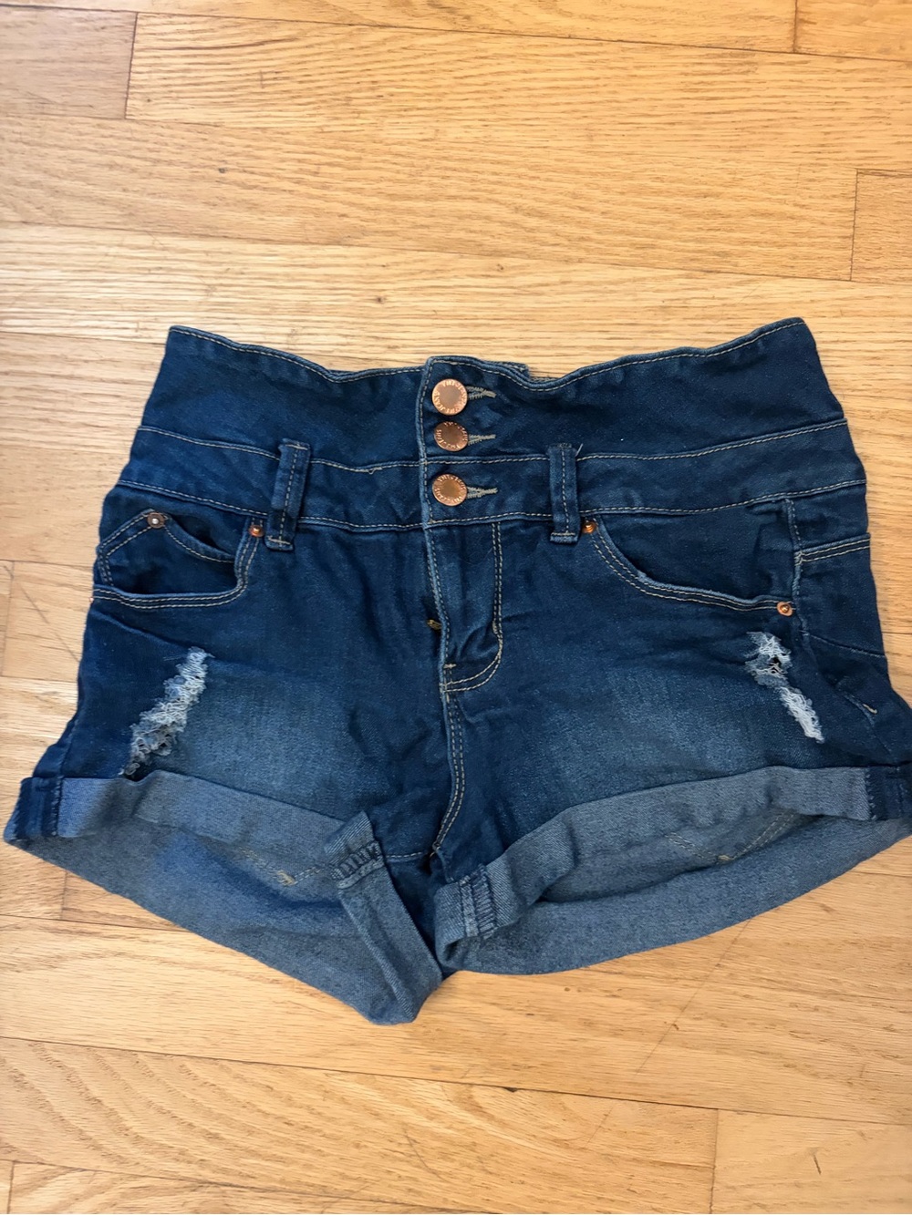 High-Waist Dark Blue Denim Shorts with Triple-Button Waist
